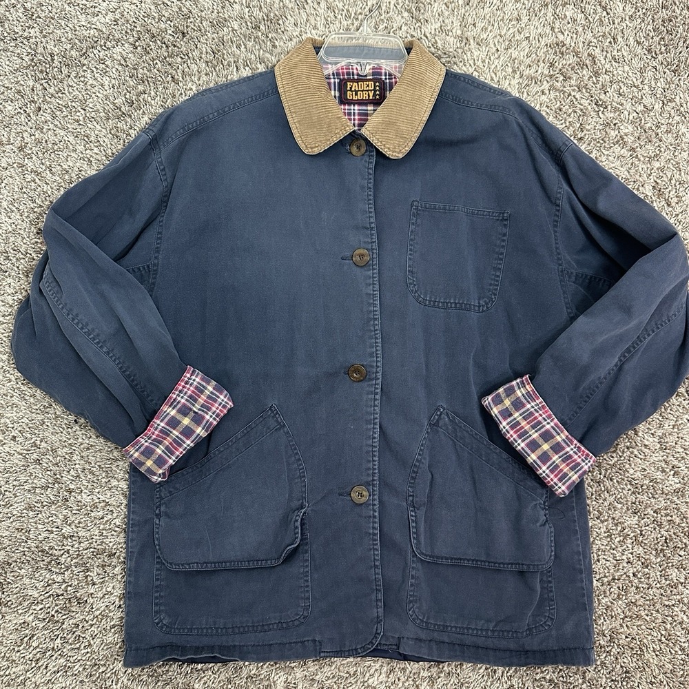 Vintage Faded Glory Navy Blue Barn Chore Coat Plaid Lined Corduroy Collar Large
